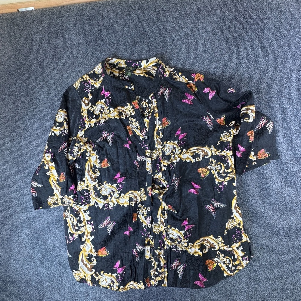 Poeme by Citron Blouse Top Womens 2X Black Floral Butterfly 3/4 Sleeve Button Up